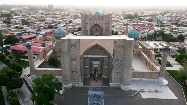 Samarkand, Uzbekistan aerial view of Bibi Khanym Mosque. Main place of worship and dedicated to Timur's favorite wife, Sarai Mulk Khanum