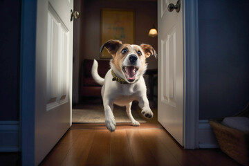 Excited and happy dog at home door entrance greeting the arrival of her master. Created with Generative AI technology.