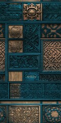 Tile background made of wooden blocks and woodcarvings - perfect seamless pattern using generative AI