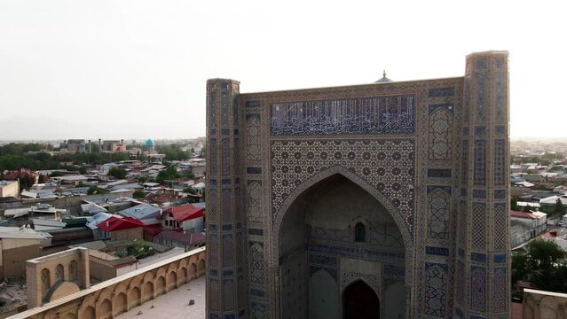 Samarkand, Uzbekistan aerial view of Bibi Khanym Mosque. Main place of worship and dedicated to Timur's favorite wife, Sarai Mulk Khanum
