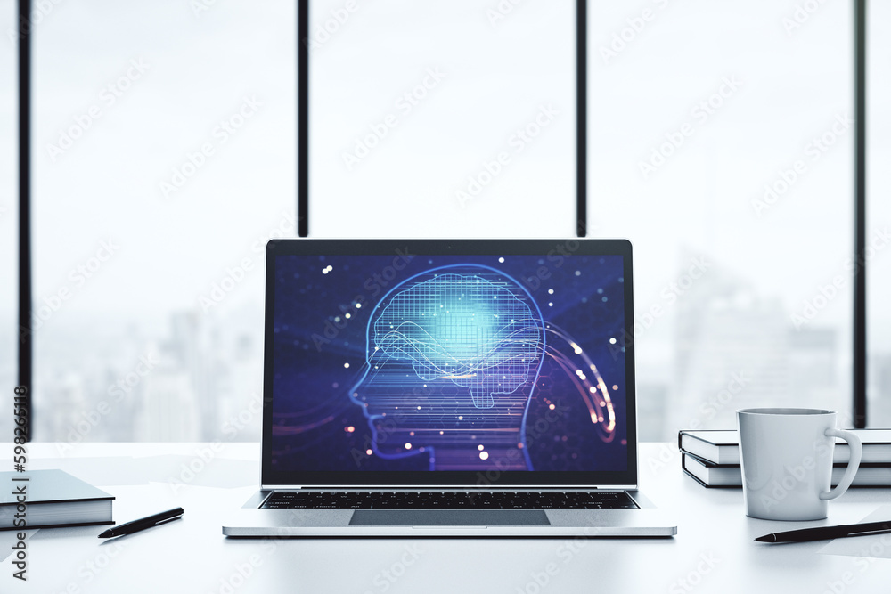 Poster modern computer monitor with creative artificial intelligence symbol. neural networks and machine le