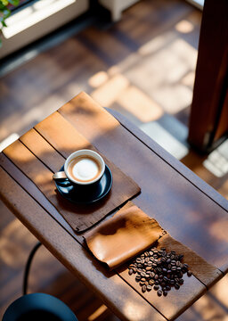 a cup of coffee and coffee beans on the wooden table in the warm cafe beside the window. coffee restaurant concept design mood. Ai illustration generator. top view copy space. wooden floor. close up