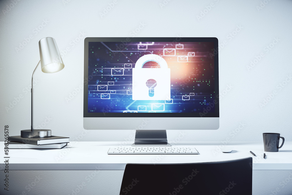 Poster Modern computer monitor with creative lock hologram and email symbols. Information security concept. 3D Rendering