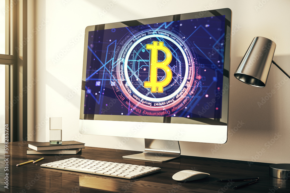 Poster Creative Bitcoin concept on modern laptop screen. 3D Rendering