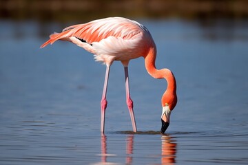 A flamingo standing on one leg in shallow wate