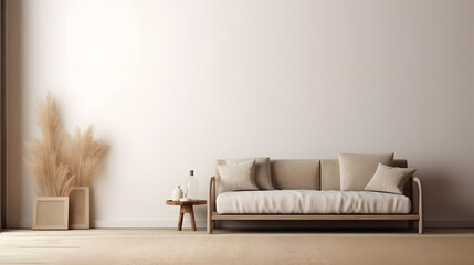 Living room interior mockup in wabi-sabi style with low sofa, jute rug and dried grass decoration on empty warm neutral wall background. 3d rendering, illustration.