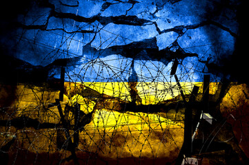 Combination of Ukrainian flag and barbed wire. Describe Ukraine as at war. Russia invades Ukraine. Basemap and background concept. Double exposure hologram.