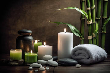 Fototapeta na wymiar Spa still life with foreground with burning white candles, stones and bamboo stems