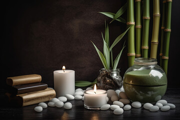 Spa still life with lit candles. stones, group of bamboo stems and black background