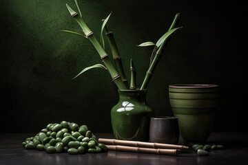 A group of green bamboo stalks, arranged in a vase with some stones at the bottom