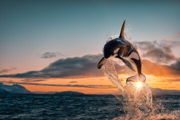 Killer whale aka Orca leaping from sunset ocean water with splashes, Norway fjord at background - obrazy, fototapety, plakaty