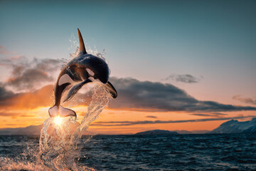 Killer whale aka Orca leaping from sunset ocean water with splashes, Norway fjord at background