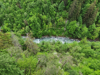 Fototapeta na wymiar River in the forest. A view on a river from the height. Spring green trees. Mountain near Insbruck, Austria. Cyan color of water. Stones on the coastline. Frome above.