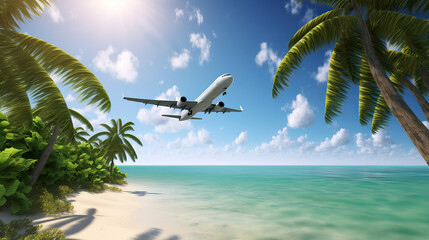 Fototapeta na wymiar The plane flies over the amazing landscape of the ocean with a tropical island.