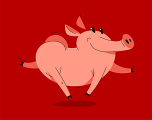 Funny cartoon pig runs happy and hilarious vector illustration, activity happy enjoying animal swine character drawing.