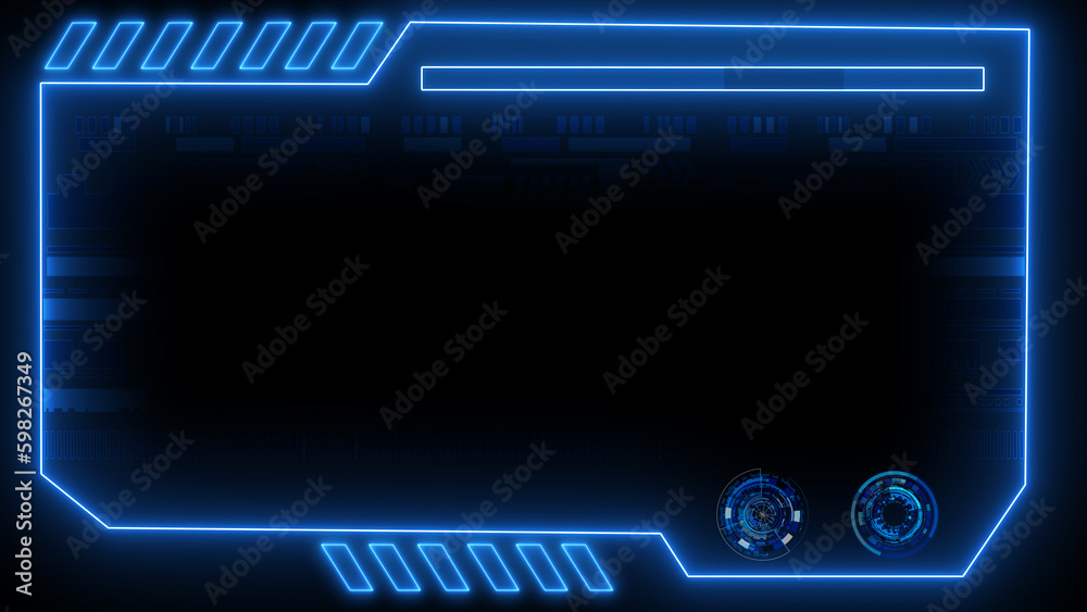 Poster blue frame neon lighting monitor computer technology background with circuit board and circle tech.