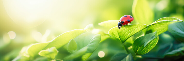 Wide format background image of fresh green leaves and ladybug lit by rays of sun in nature with space for text. Generative AI. - obrazy, fototapety, plakaty
