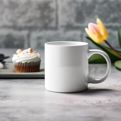Coffee mug, a white cup on a table with a cupcake and flowers. Styled photo, product mockup, created with Generative AI technology Generative AI - 598267530