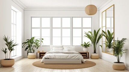 modern art deco bedroom space with indoor plants, rustic earth tone paint colors, bright and airy,  AI-generated