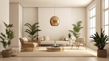 modern art deco living room space with indoor plants, rustic earth tone paint colors, bright and airy,  AI-generated