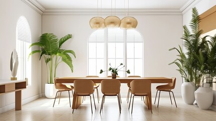 modern art deco dining room space with indoor plants, rustic earth tone paint colors, bright and airy,  AI-generated