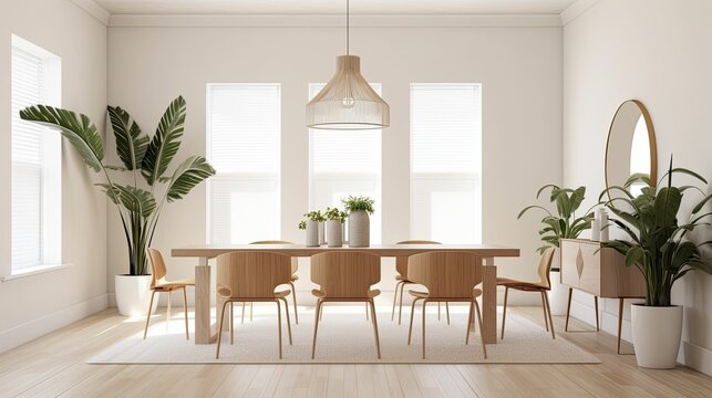 modern art deco dining room space with indoor plants, rustic earth tone paint colors, bright and airy,  AI-generated