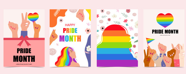 Pride month day background with rainbow, hand and heart