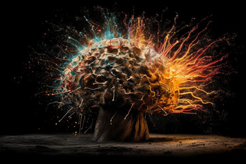 An imaginative image of a colorful brain exploding with creativity, emotions and ideas. Ai generated.
