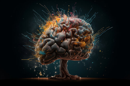 An imaginative image of a colorful brain exploding with creativity, emotions and ideas. Ai generated.