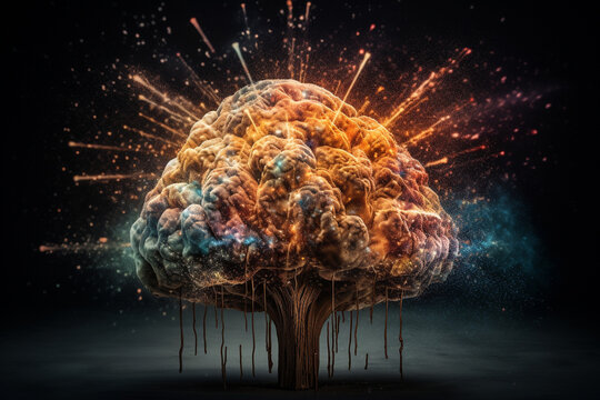 An imaginative image of a colorful brain exploding with creativity, emotions and ideas. Ai generated.