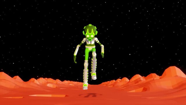 Green alien is walking on the surface of Mars in low-gravity. Martian on Mars. 3D looped animation in a low-poly style.