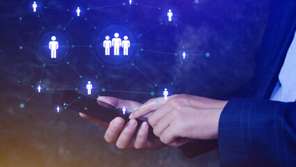 Human resources, HR management, employment, headhunting concept, Businessman pressing modern social buttons on smartphone virtual background