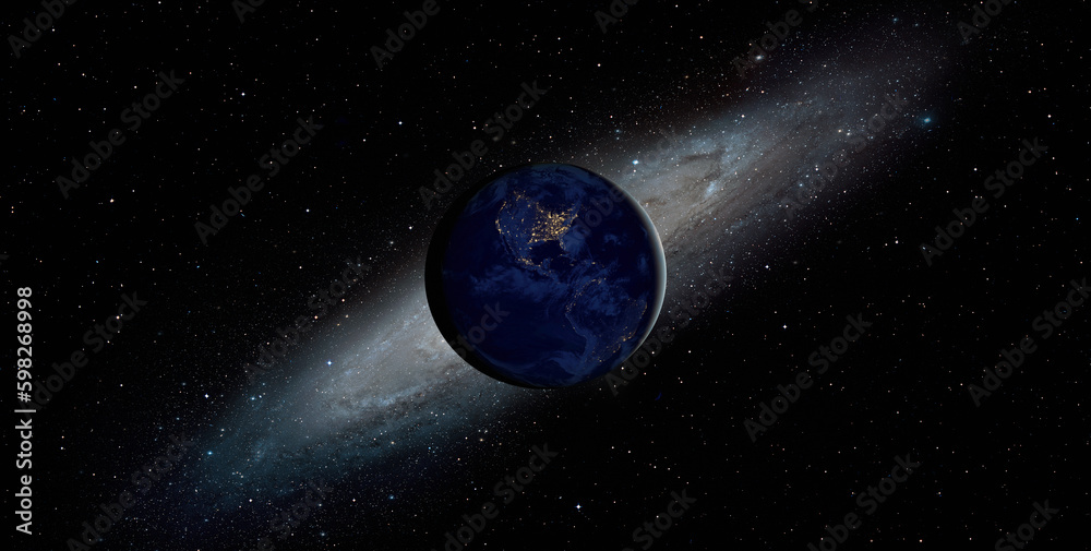 Poster View of the Pplanet Earth from space with The Andromeda Galaxy in the background 