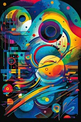 Musical notes live and travel on waves of sound with abstract shapes and vivid hues. Incorporating the golden ratio emphasizes the synesthetic nature of the composition. Using generative AI