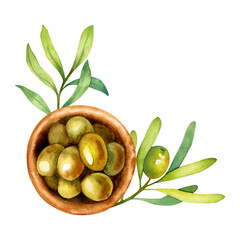 Watercolor hand drawn illustration of a bowl with green olives and olive branch isolated on a white background.