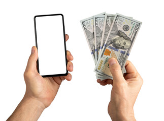 Hand holding mobile phone screen mockup and paper money, dollars isolated on white background. Finance application frame