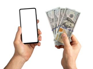 Hand holding mobile phone screen mockup and paper money, dollars isolated on white background. Finance application frame