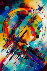 Obraz premium Musical notes live and travel on waves of sound with abstract shapes and vivid hues. Incorporating the golden ratio emphasizes the synesthetic nature of the composition. Using generative AI