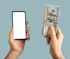 Hand holding mobile phone screen mockup and paper money, dollars