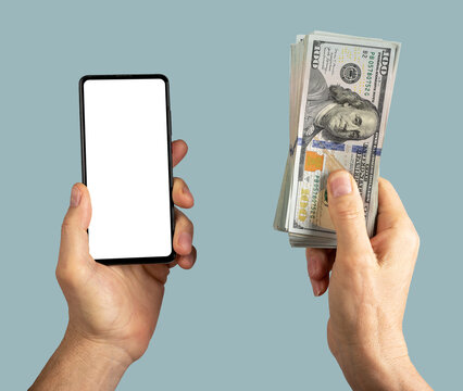 Hand holding mobile phone screen mockup and paper money, dollars