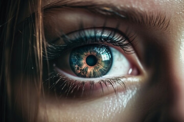 A mesmerizing image of a human eye, with a close-up on the iris reflecting a stunning world. Ai generated.