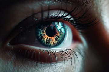 A mesmerizing image of a human eye, with a close-up on the iris reflecting a stunning world. Ai generated.