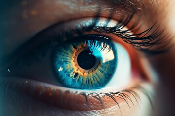 A mesmerizing image of a human eye, with a close-up on the iris reflecting a stunning world. Ai generated.