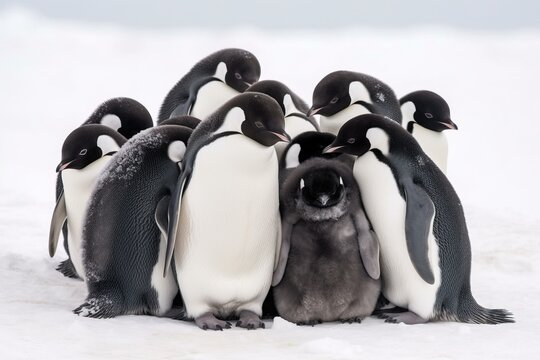 A group of penguins huddling together for warmth in the sno