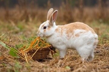 Fototapeta premium cute white rabbit happily munching on a carrot in a sunny green field. Generative AI Generative AI