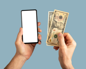Hand holding mobile phone screen mockup and paper money, dollars isolated on white background. Online cashback concept
