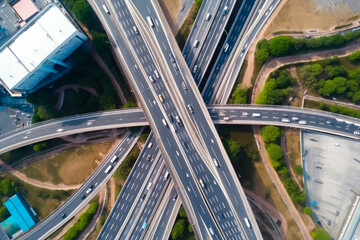 Freeways with automobiles going by. Top view of the roads crossing in the city. Generative AI.