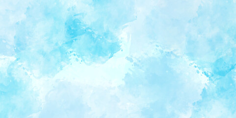 Blue watercolor sky background with white clouds illustration. Soft white clouds in light blue sky watercolor background.