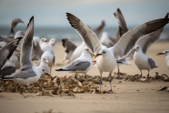 A group of seagulls fighting over a scrap of food on a beac