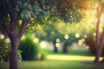 serene park scene with lush green trees and grass. Generative AI Generative AI